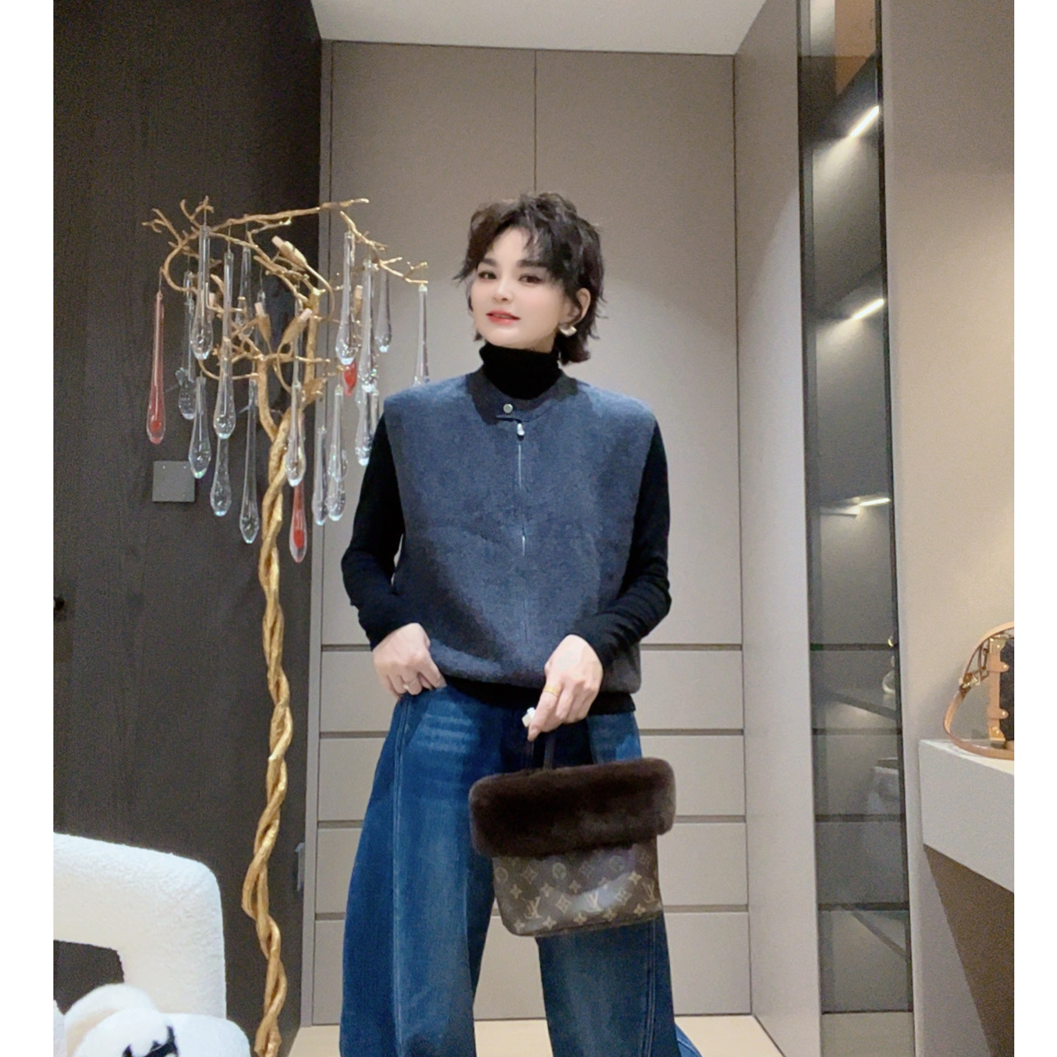 ZM25年新款显瘦遮肉圆领常规拉链款拼接针织羊毛衫马甲5813