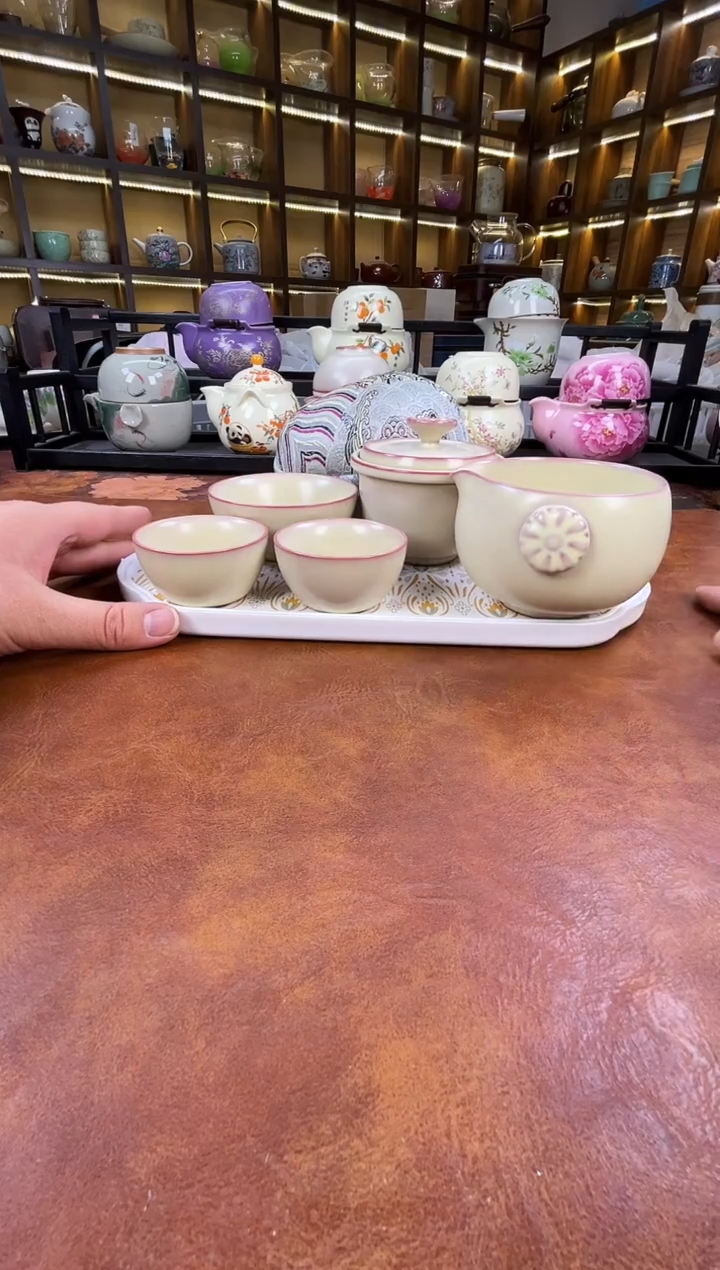 瓷片古道源猪油冻旅行+金银错茶盘