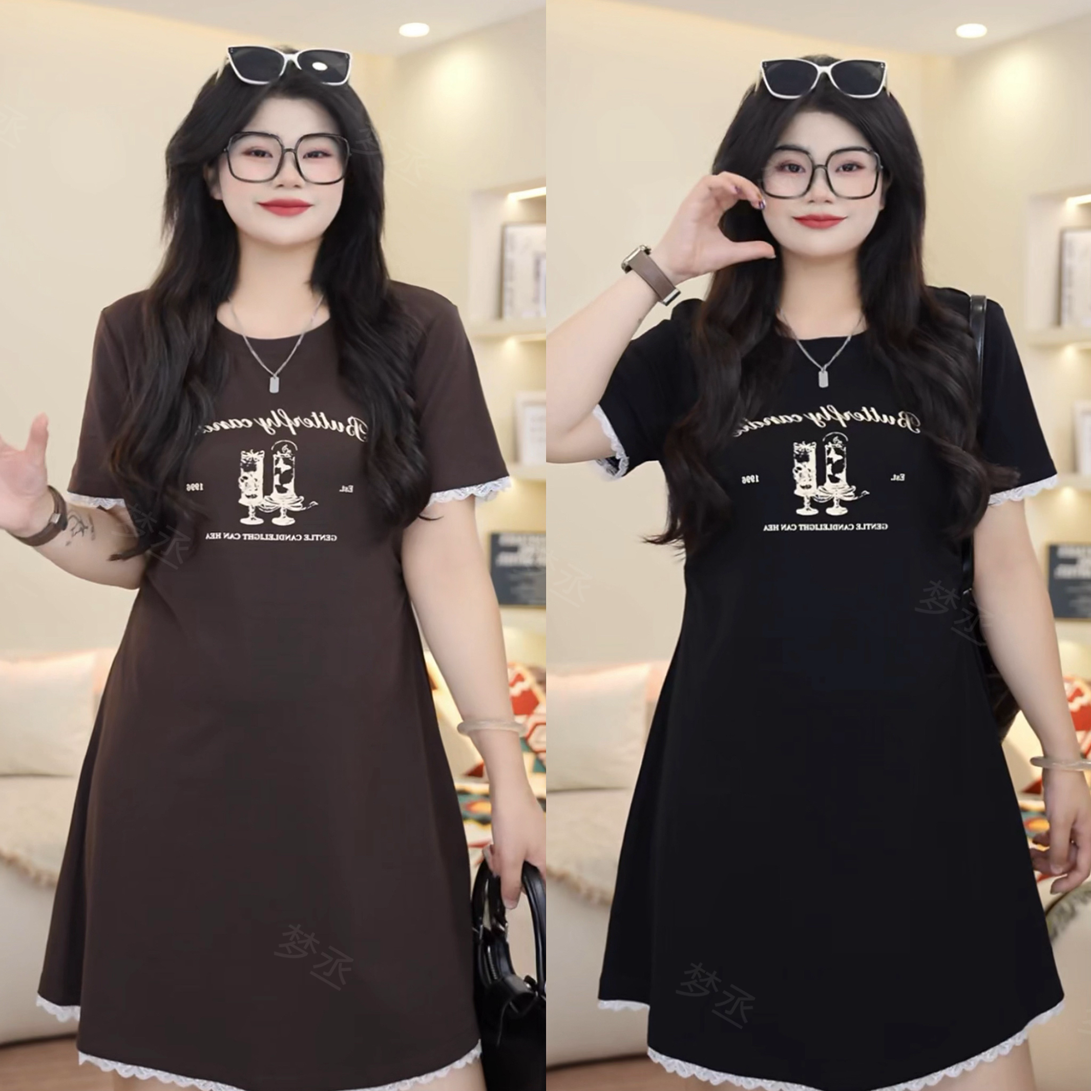 梦丞【心动记号】夏季微胖圆领印花大码女装收腰蕾丝花边短袖连衣裙