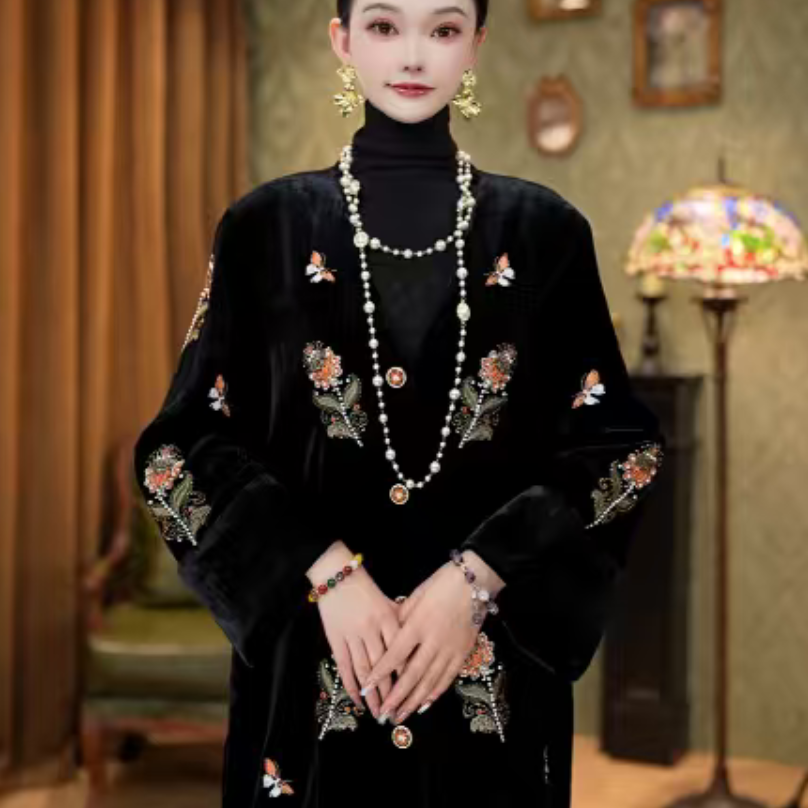 永恒花园新中式长款钉珠长外套女复古大衣2025C1273—洪掌柜玫瑰仓