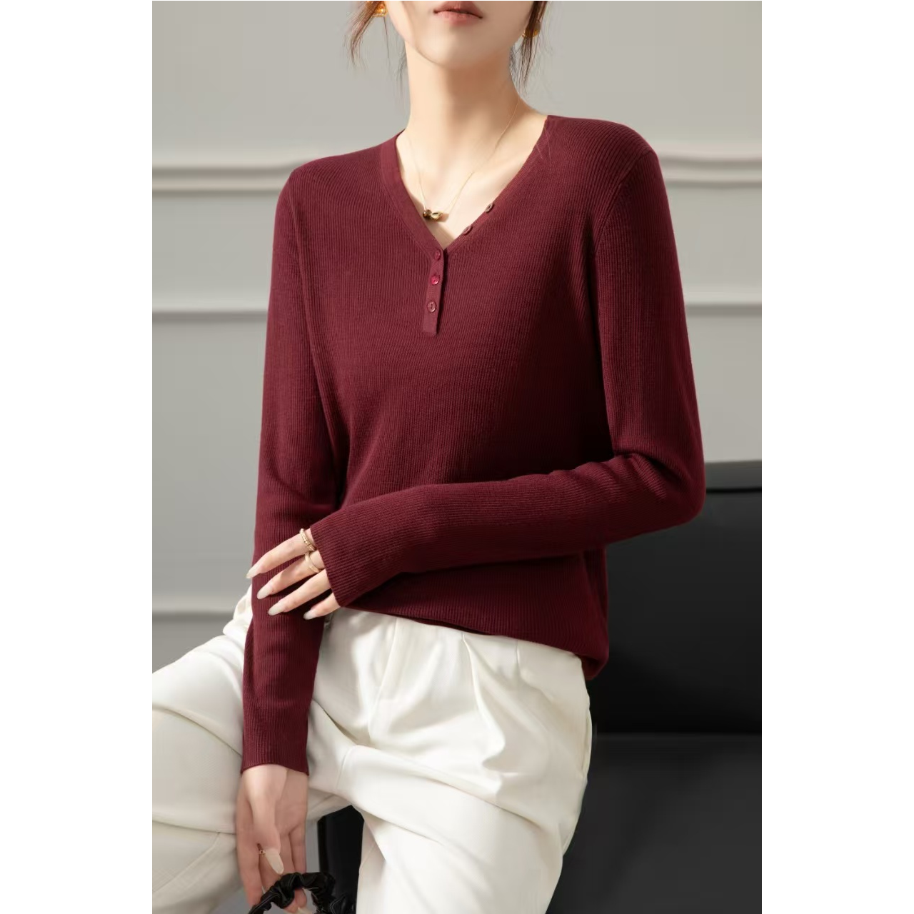【可机洗100精纺羊毛】法式V领斜扣针织衫百搭时尚长袖款