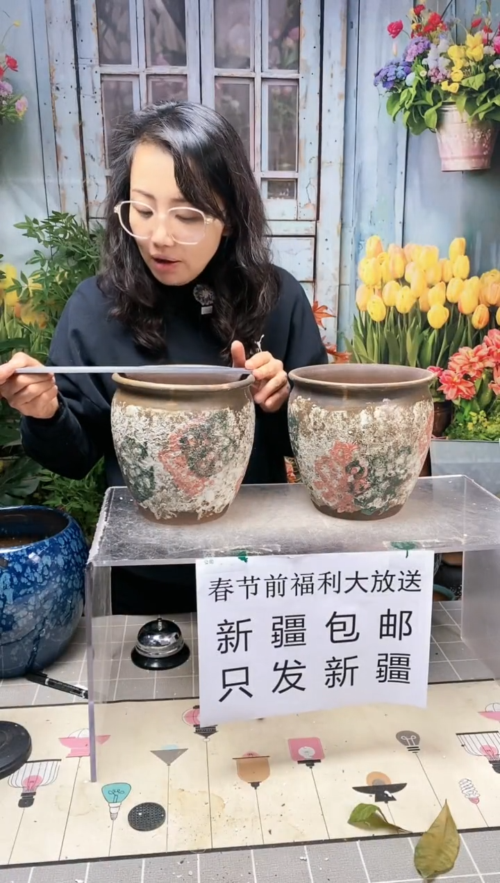 【闪购商品】红陶咖色圆口手绘陶盆2个装