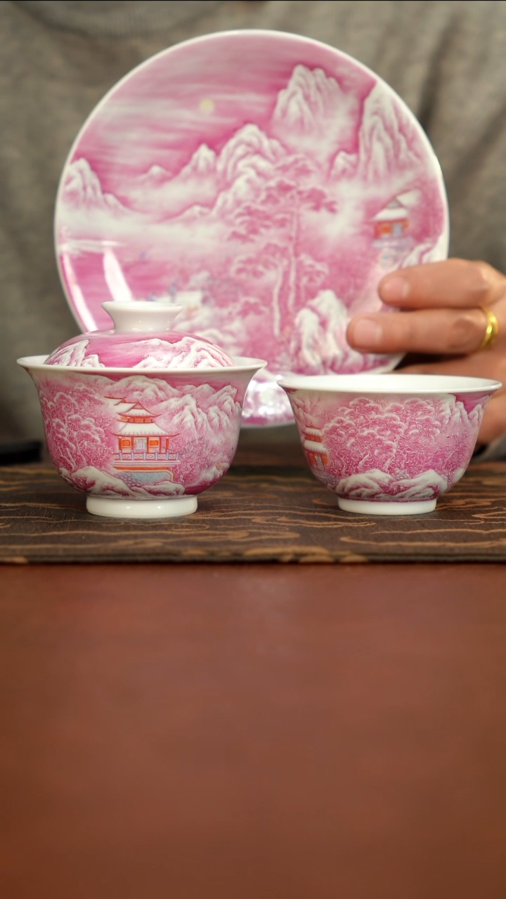瓷片汪老师 粉彩雪景 玛瑙红套组11111