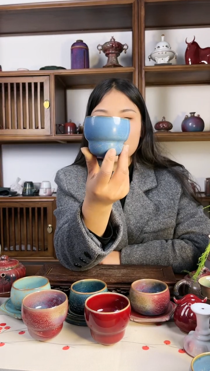 【闪购商品】瓷片钧尚源孔雀蓝釉色福禄杯