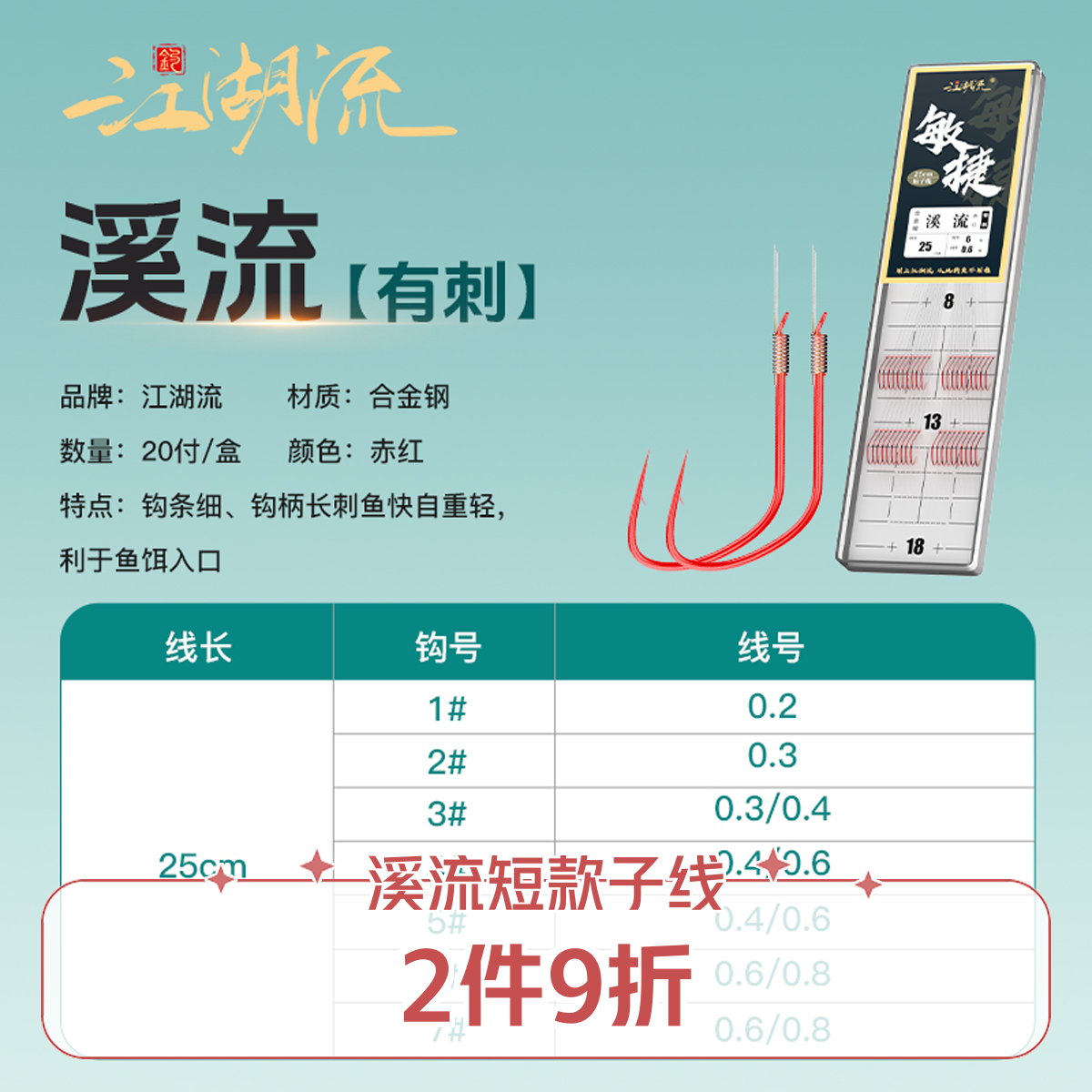 江湖流25cm短款溪流有刺赤色黑色子线双钩成品子线钓鱼短子线鱼钩