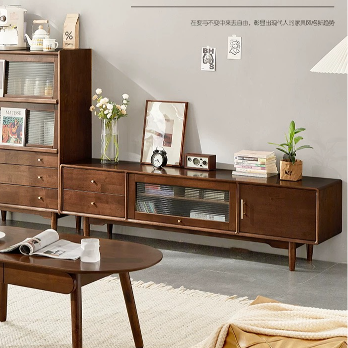 实木电视柜茶几组合现代简约胡桃色小户型客厅储物边柜卧室地柜