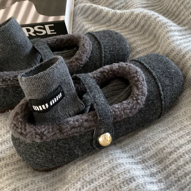 毛绒单鞋～网红张元英同款保暖miu平底高级感单鞋玛丽珍加绒毛毛鞋