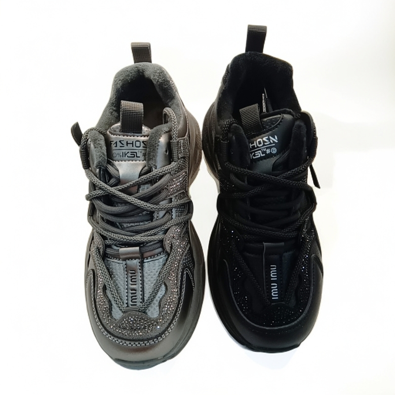 水钻厚底老爹鞋加绒舒适休闲鞋时尚冬季百搭秋冬黑色棉鞋6677-2