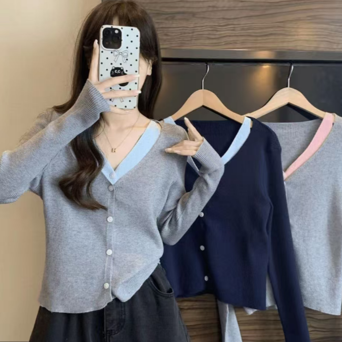 新款v领不规则假两件针织开衫上衣女秋冬百搭毛衣外套内搭w092