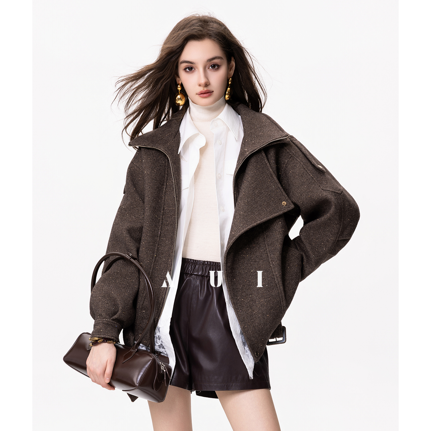 《粉丝专享》AUI棕色休闲羊毛毛呢外套冬夹克呢子大衣TT-25W100878