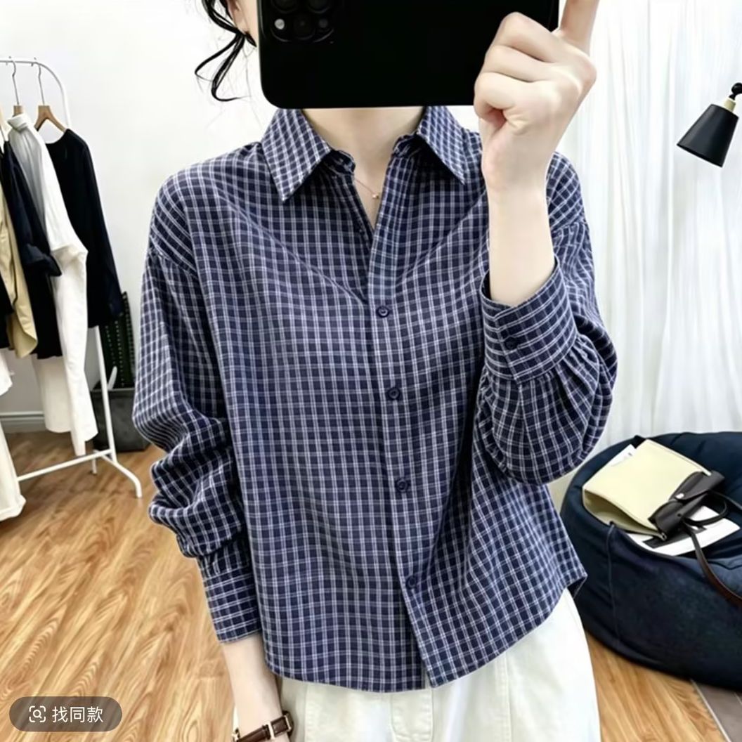 【运费险】秋季格子长袖衬衫女洋气减龄显瘦百搭气质休闲上衣74