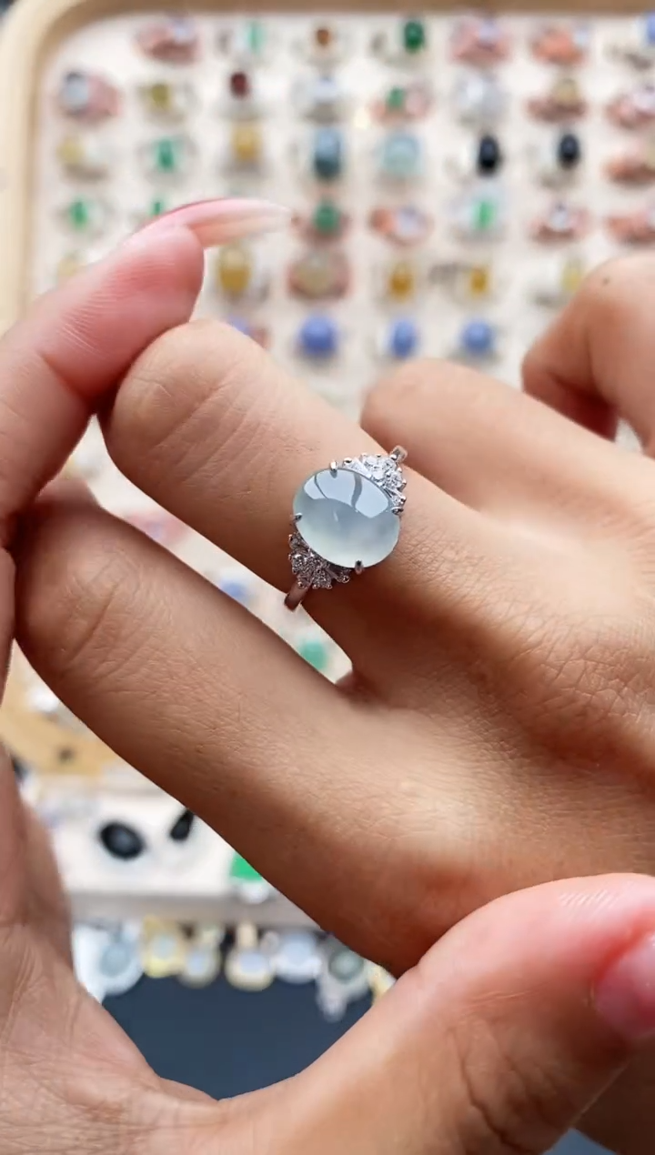 【闪购商品】翡翠戒指银S925镶嵌缅甸天然A货翡翠222  3+3