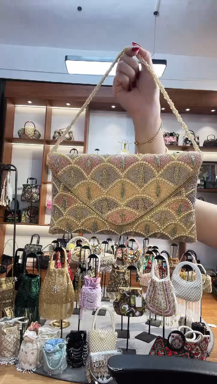 织物751手工珠珠包包腋下斜跨包手拿包手提晚宴包 