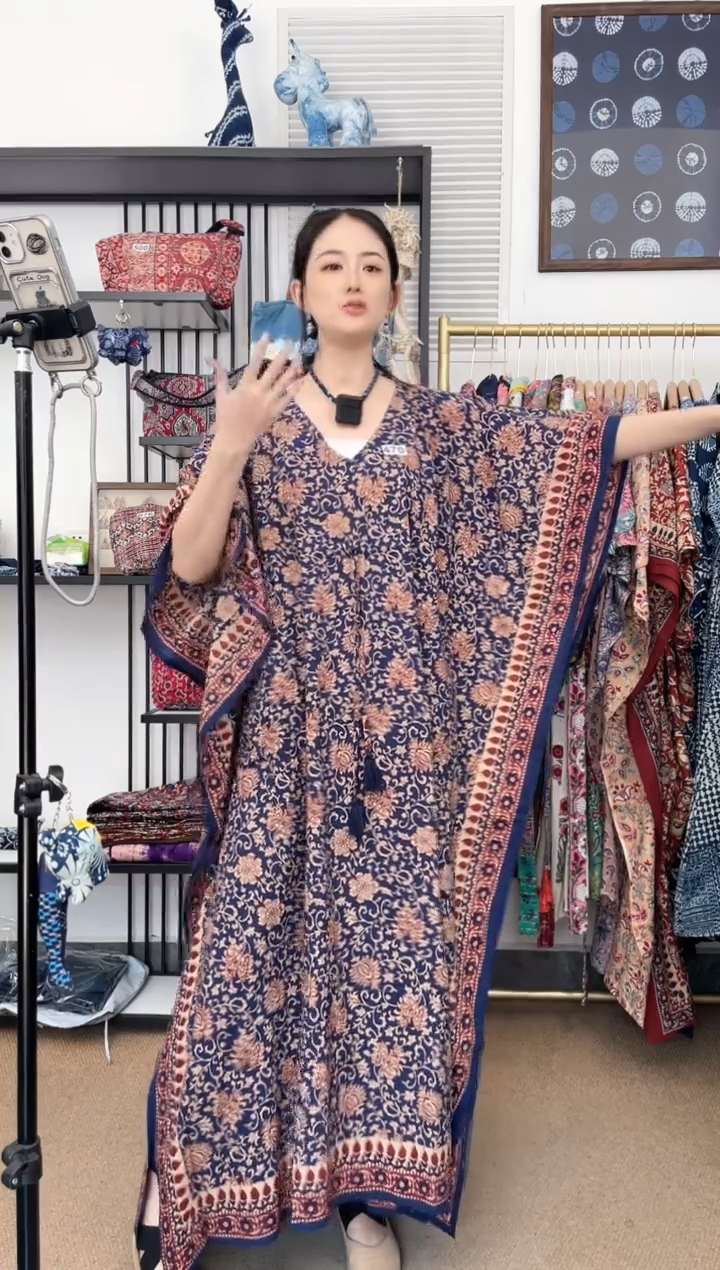 【闪购商品】470印度长绒棉拓印彩色卡夫坦130cm