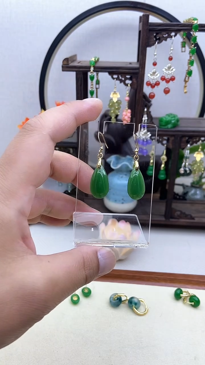 和田玉14K金镶嵌耳饰34号