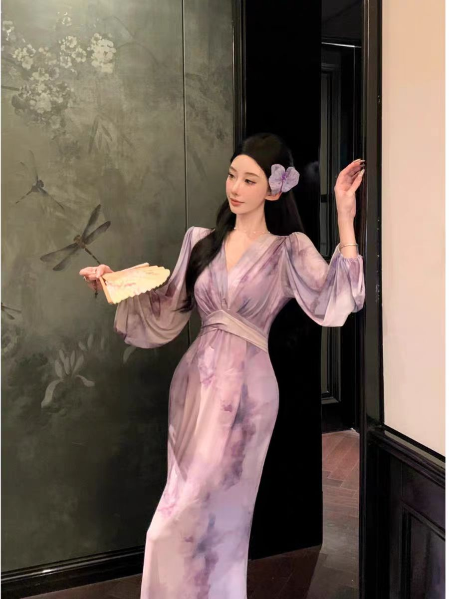 现532-7#法式晕染紫色海边度假连衣裙女性感纯欲穿搭长裙