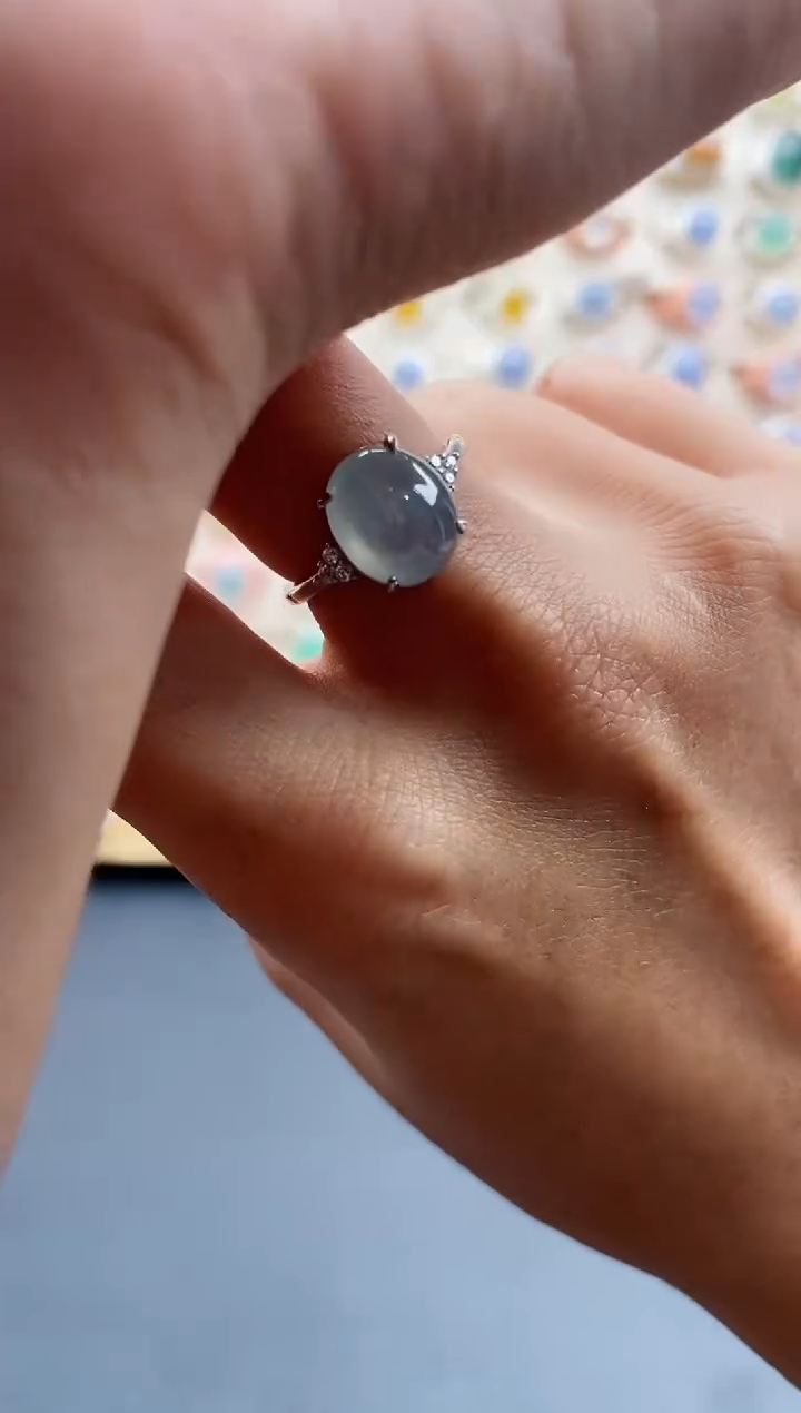 【闪购商品】翡翠戒指银S925镶嵌缅甸天然A货翡翠444  7+6