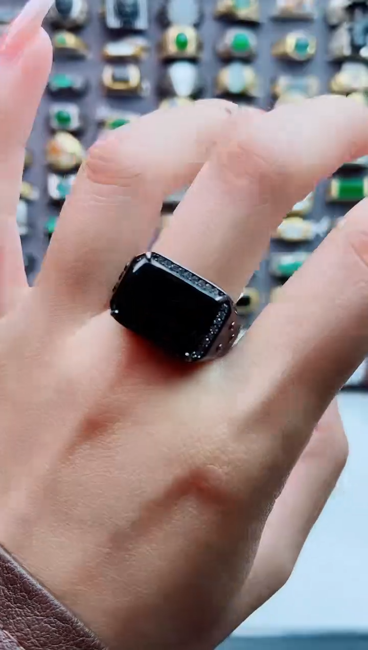 银S925镶嵌戒指翡翠天然翡翠男戒