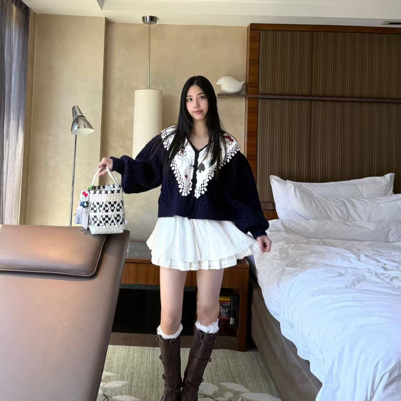 FORDARE福蝶 设计师品牌25早秋 童趣绣花领泡泡袖毛织开衫