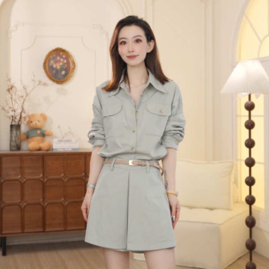 Basic House/百家好TS复古气质单排扣衬衫设计感裙裤套装女DX296