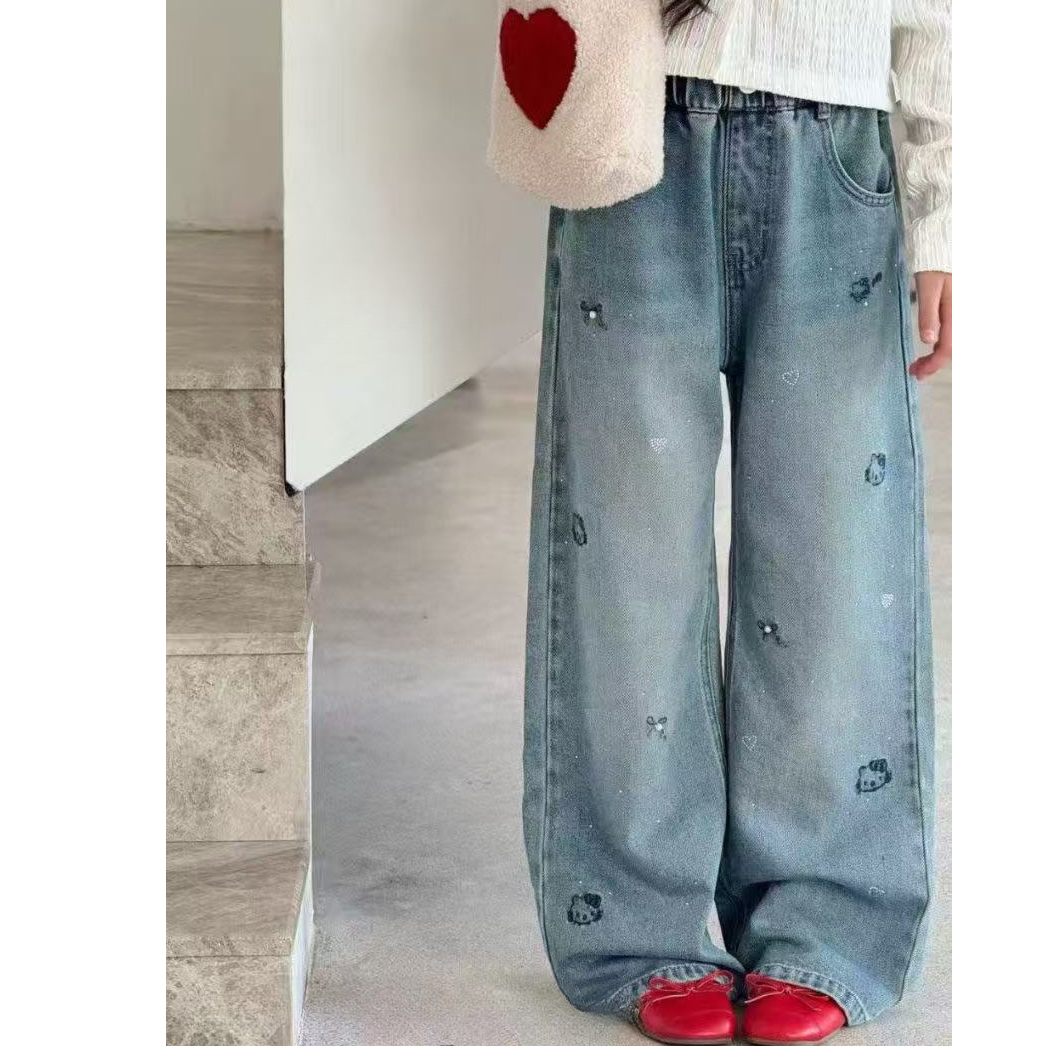 【豪宝贝】2025FW绣花kt烫钻直筒一体绒牛仔裤5129