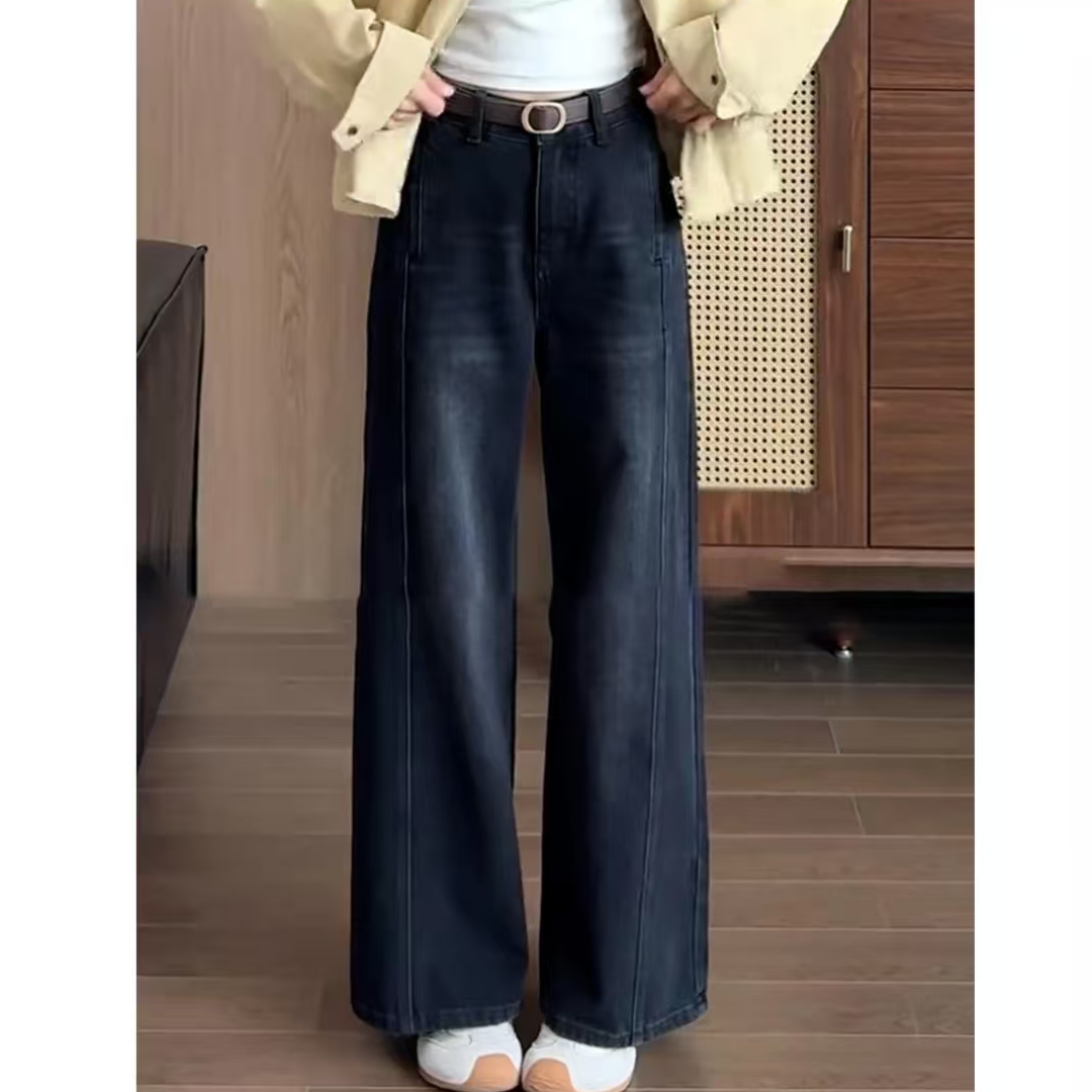 8006【达人专属】秋冬新款加绒黑灰色直筒阔腿裤小个子女牛仔阔腿裤