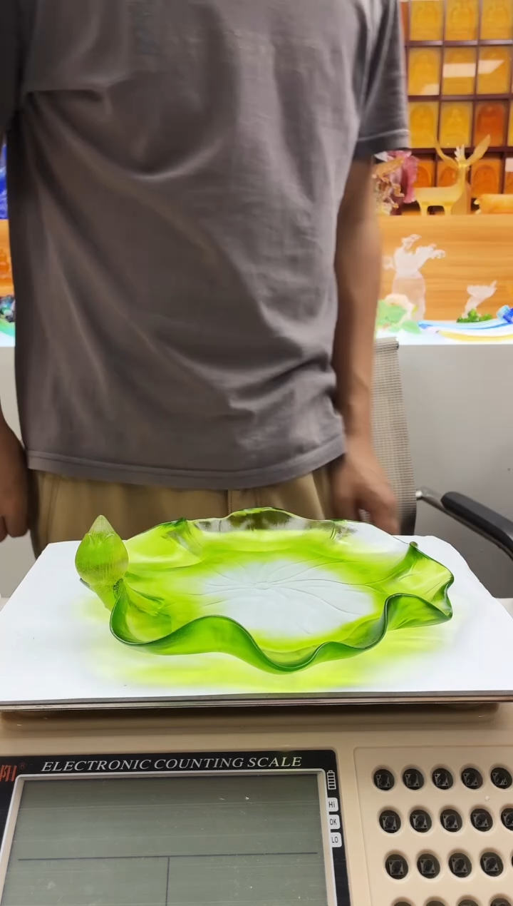 手工艺品琉璃绿色荷叶果盘22公分【特价福利】