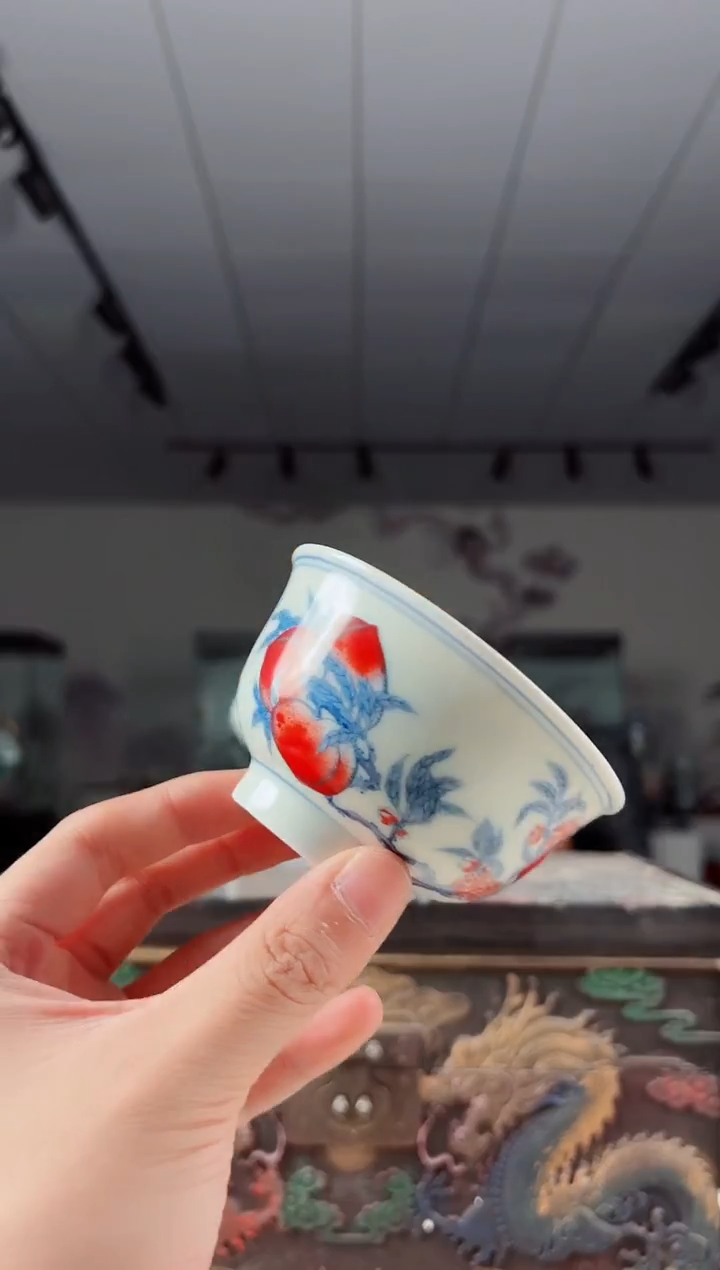 碗陶瓷绿稀3.5英寸粉彩寿桃茶碗+礼盒