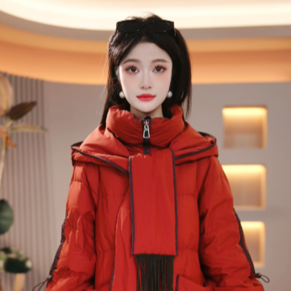 冬季设计感围巾连帽优雅百搭白鸭绒羽绒服M-XL