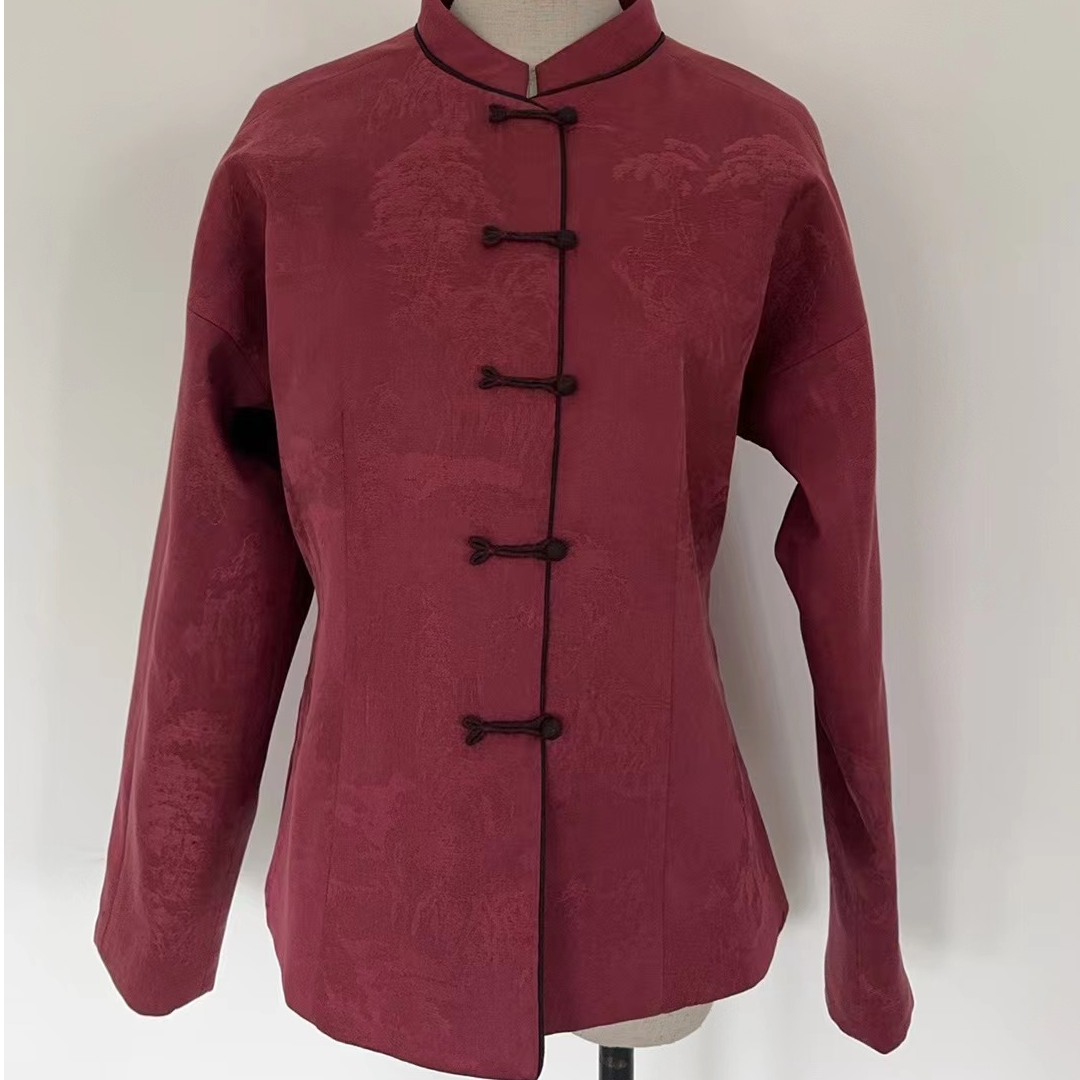 峰峦叠翠绢纺绯色中式棉外套 