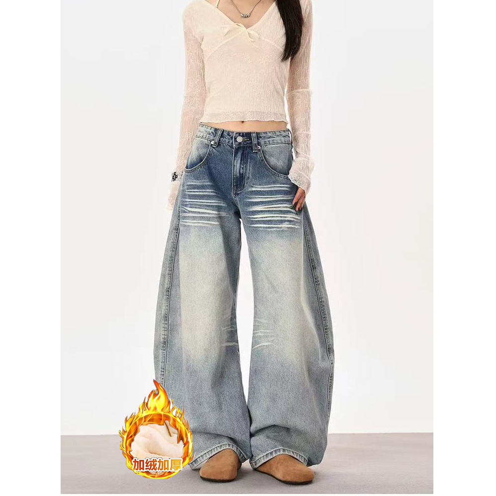 【加绒加厚】美式复古弯刀裤牛仔裤女秋季2025新款宽松直筒阔腿长裤