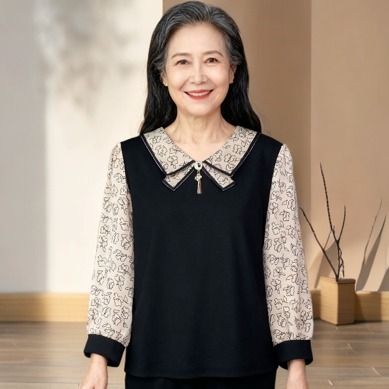 中老年印花拼接小衫打底宽松显瘦七分袖妈妈装女装秋季上衣
