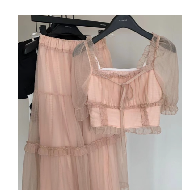 方领木耳边纱裙上衣两件套810198