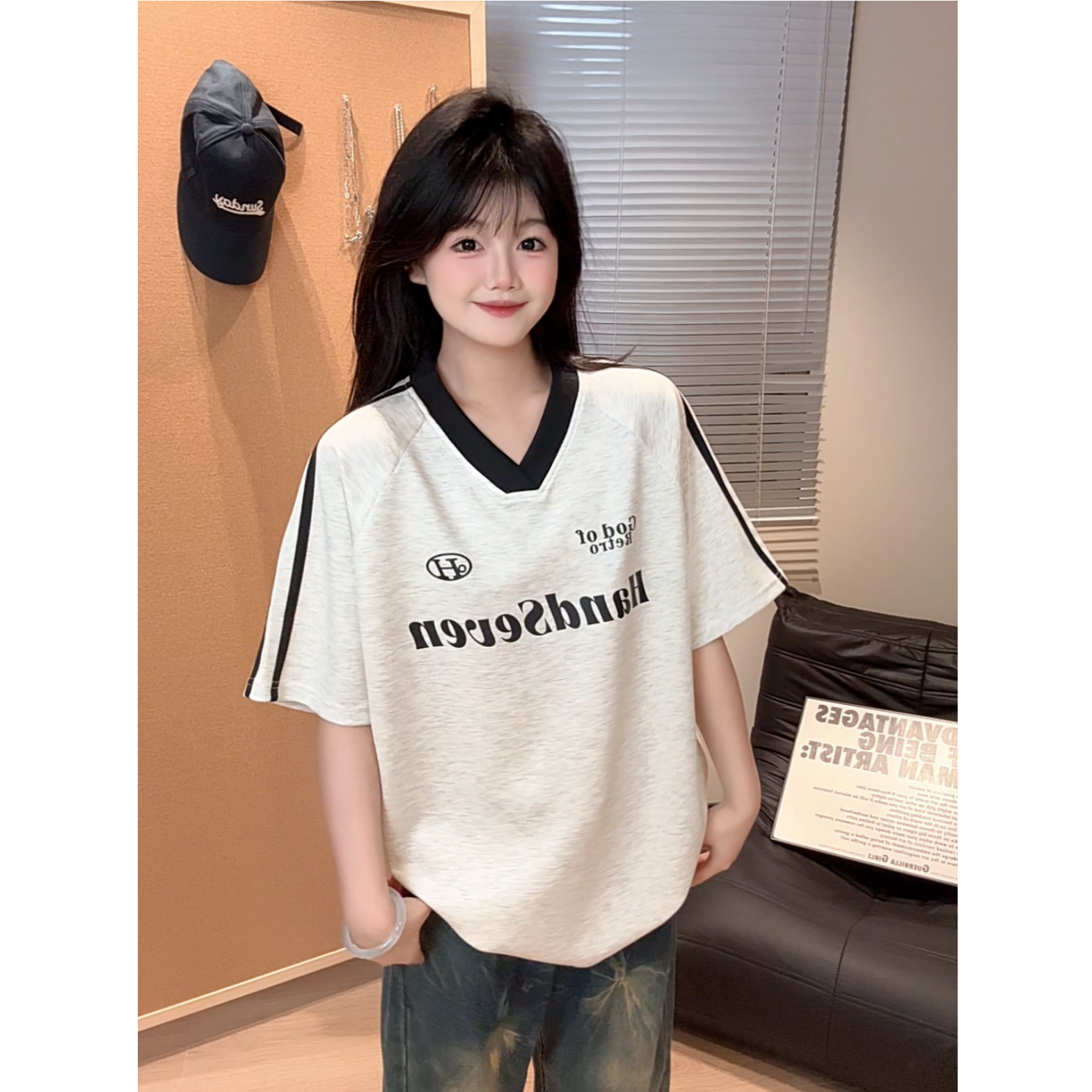 HandSeven夏季重磅V领曼巴短袖T恤休闲宽松潮牌ins风百搭上衣