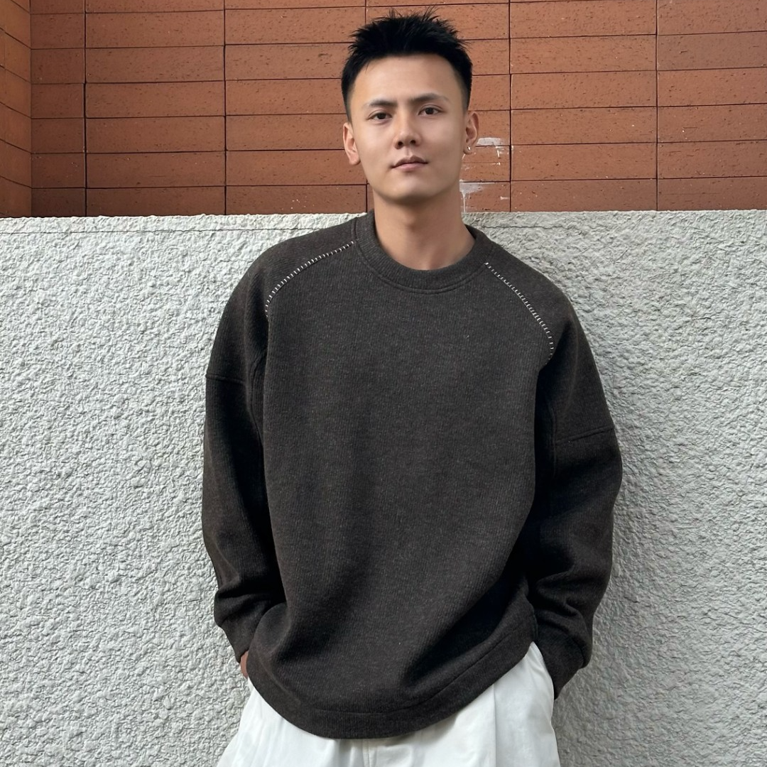 【恩杰Enger】绵羊毛加厚设计师款圆领卫衣专机绣微落肩百搭上衣男