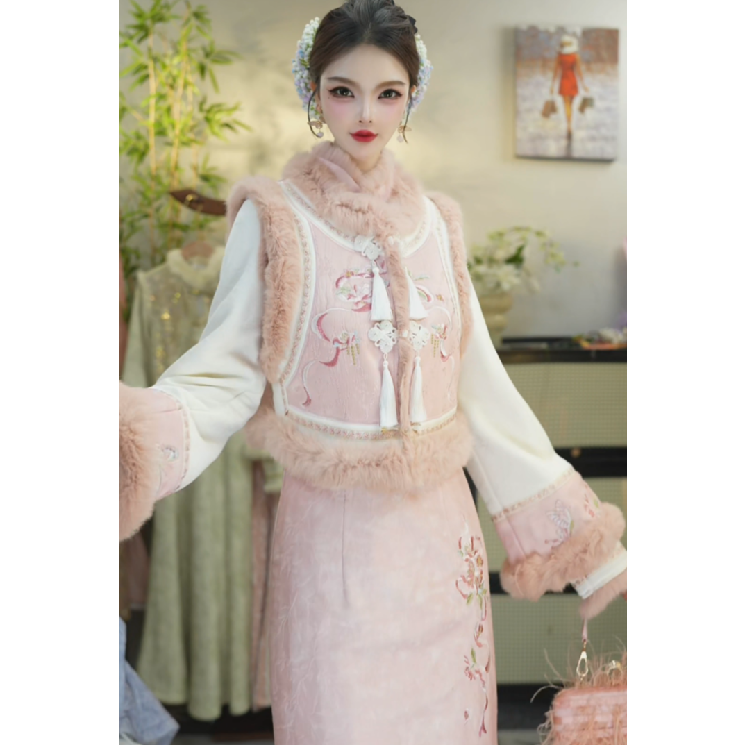 花享悦2025冬季新款粉色民族风加绒复古新中式女套装（5442+5452）