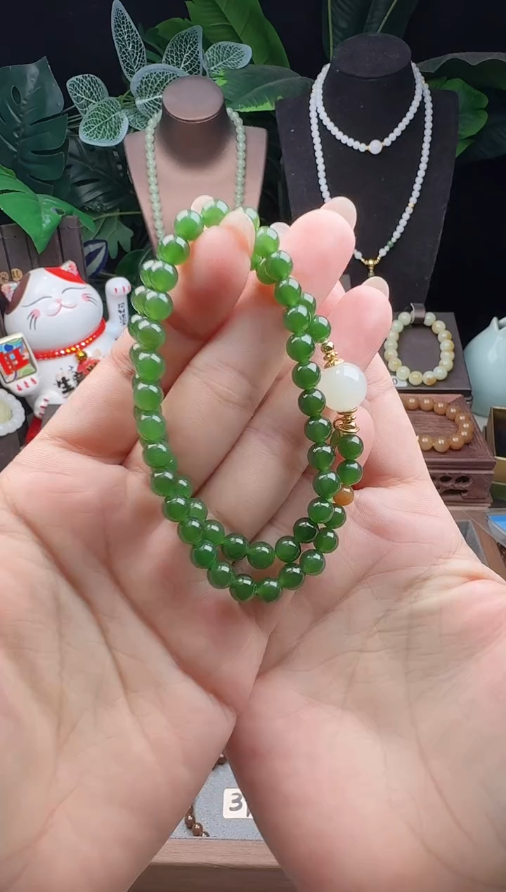 未镶嵌手串和田玉6m俄料碧玉双圈手串