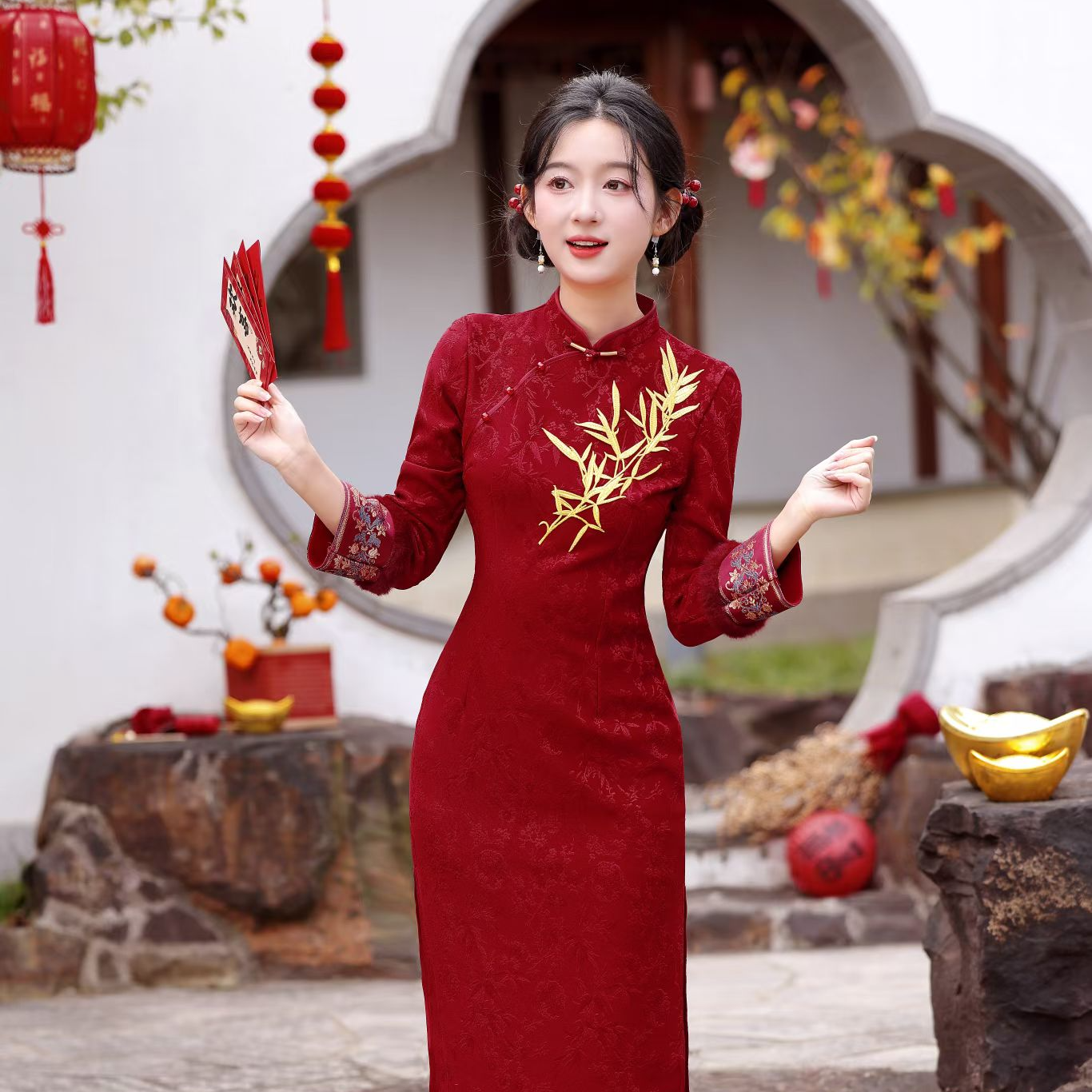 【禧乐】小个子旗袍加绒加厚刺绣冬款高端气质订婚结婚喜宴礼服旗袍