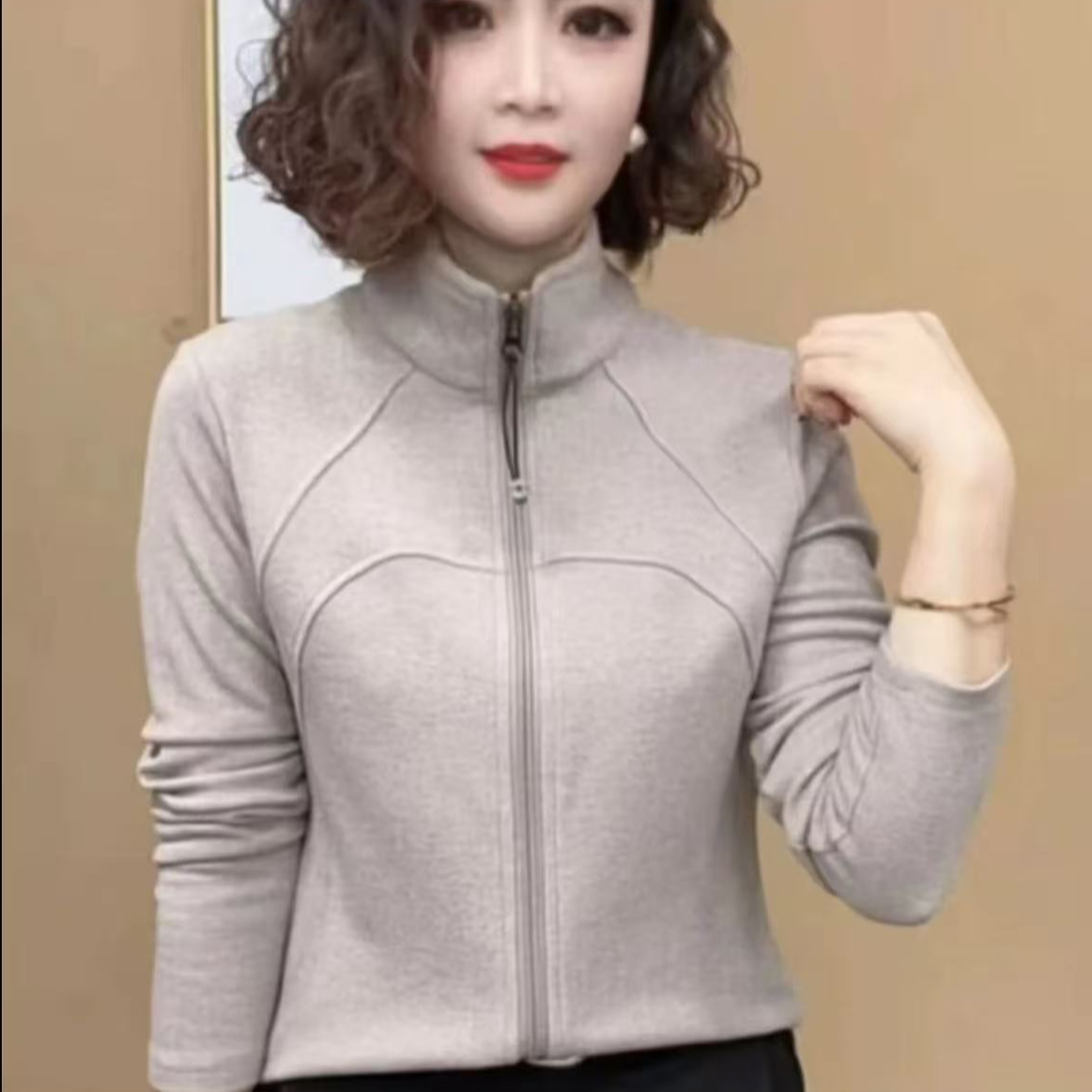 冬季2025新品时尚开衫立领拉链保暖上衣双面绒百搭纯色减龄外套