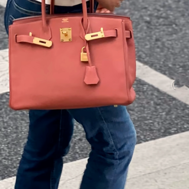 95新 Hermes/爱马仕 小花Jerry P205336566 Birkin 35玫瑰茶色框Q