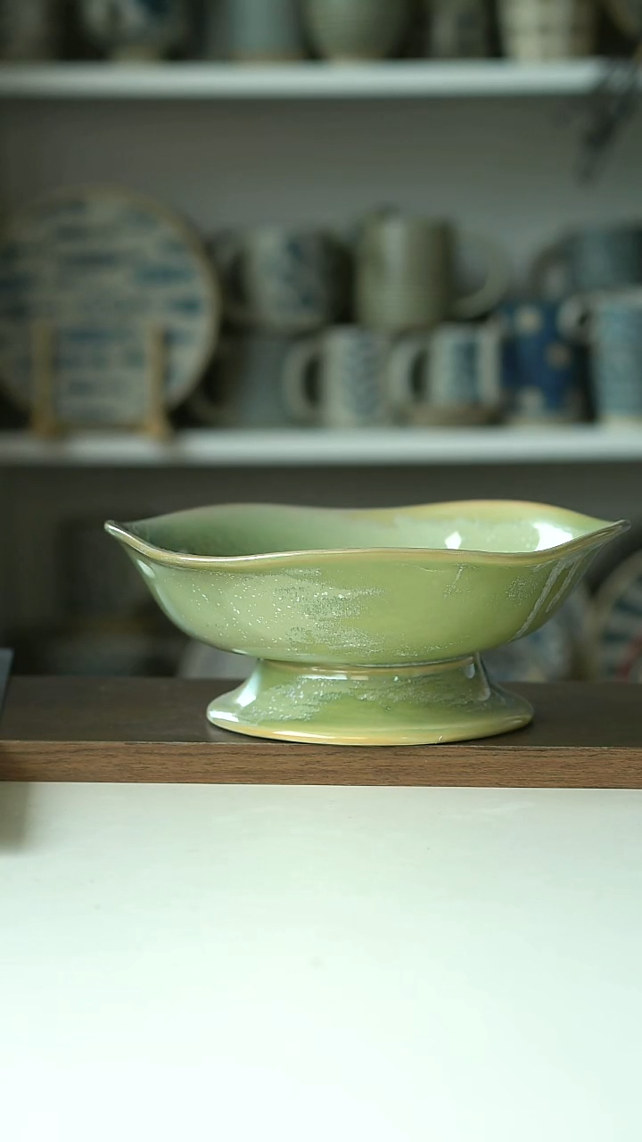 微瑕春潮柴烧窑变高足果盘20.5cm@4-2@