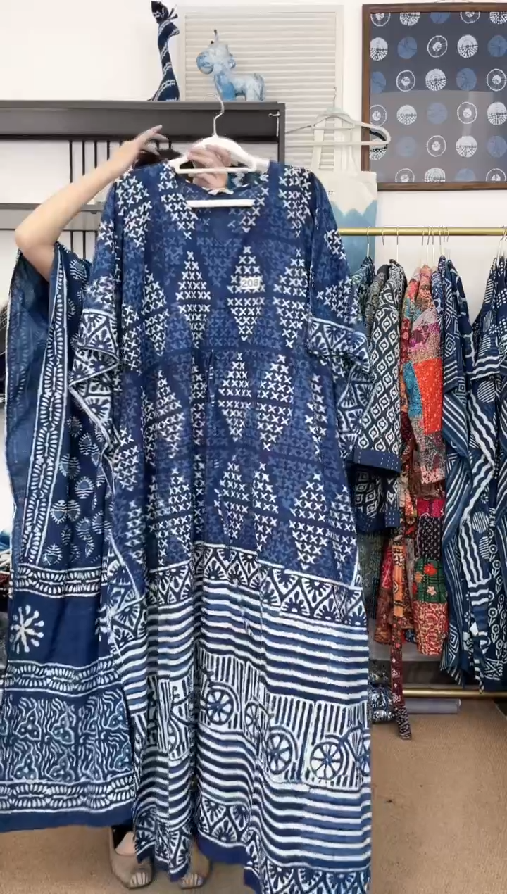 【闪购商品】208印度长绒棉拓印蓝染卡夫坦130cm