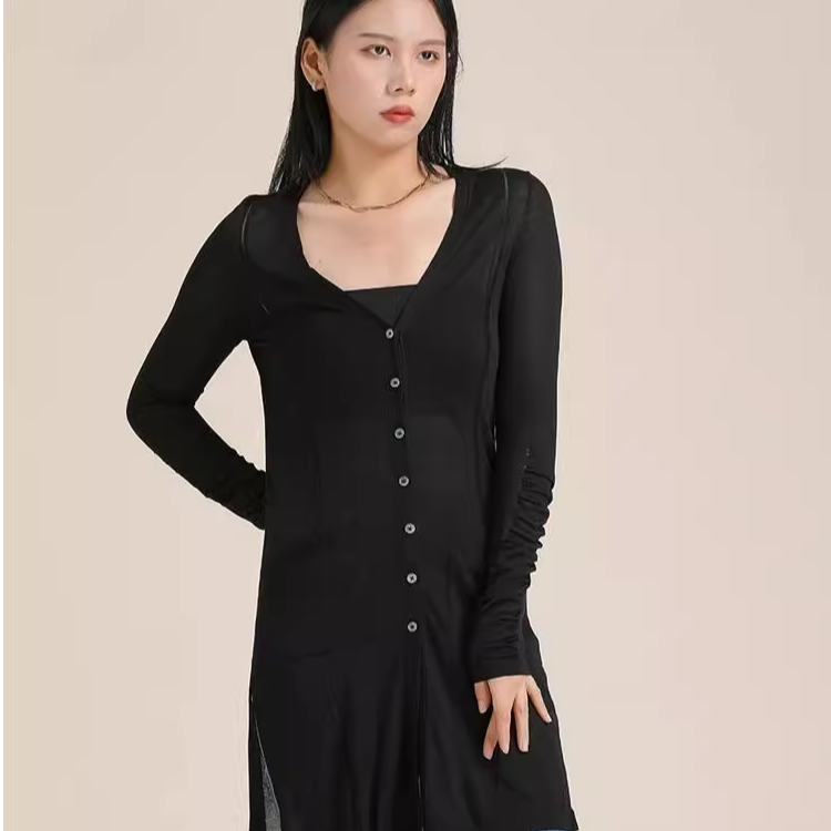 黑色薄款中长款针织开衫5005-700808