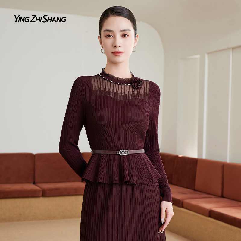 赢智尚酒红色针织上衣女荷叶边领口珍珠点缀可拆卸立体花ZZ00498