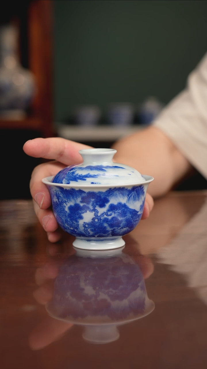 晓月柴窑 山水盖碗