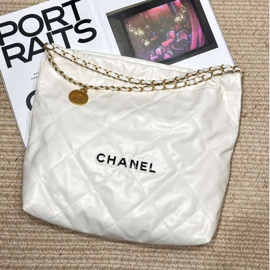 99新 Chanel/香奈儿 22S 白金黑字牛皮22bag 中号