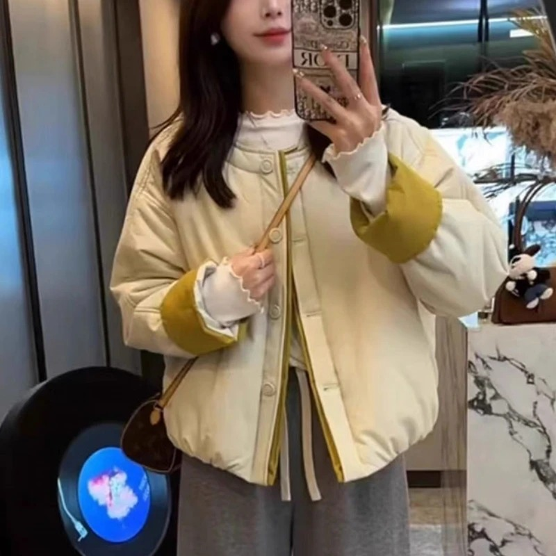 拼接圆领不褪色设计感时尚宽松棉服外套新款秋冬小个子棉衣