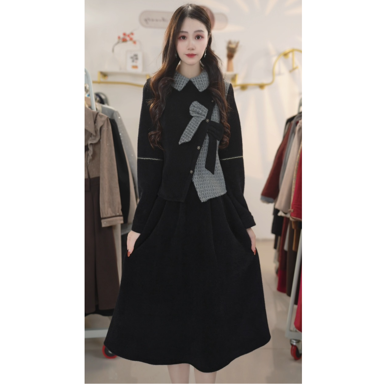 时尚套装女秋冬款蝴蝶结格纹拼接翻领上衣高腰裙子Y871121