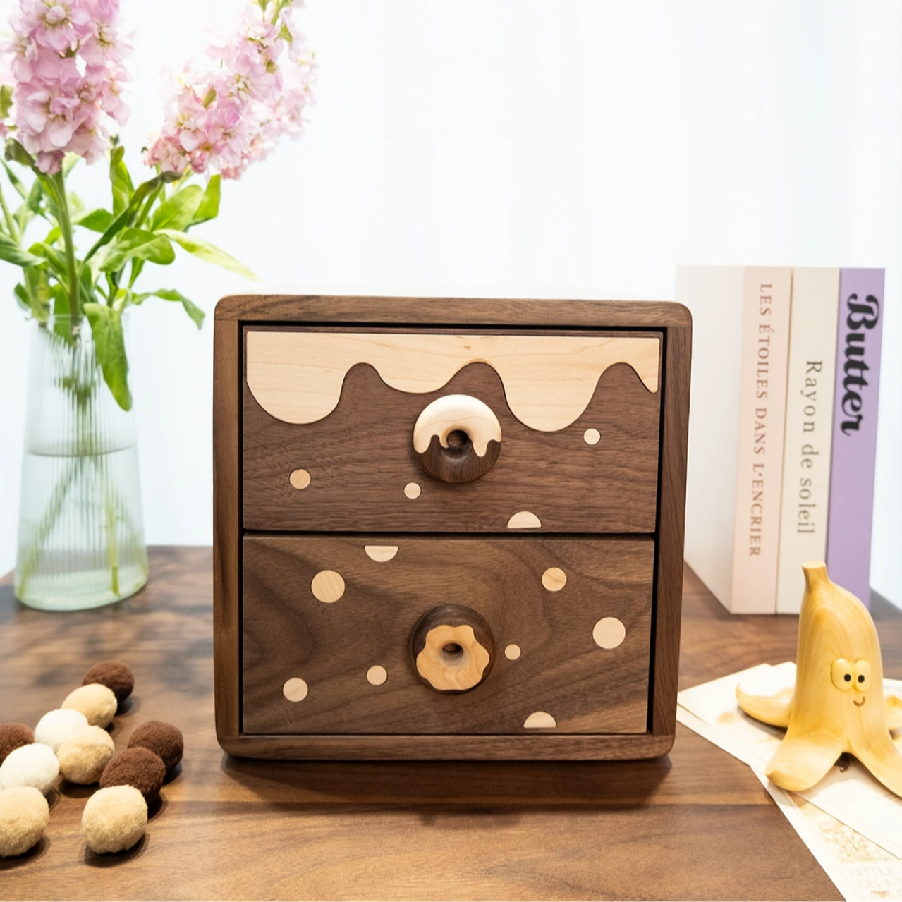 新款甜甜圈实木收纳柜可爱创意双层抽屉