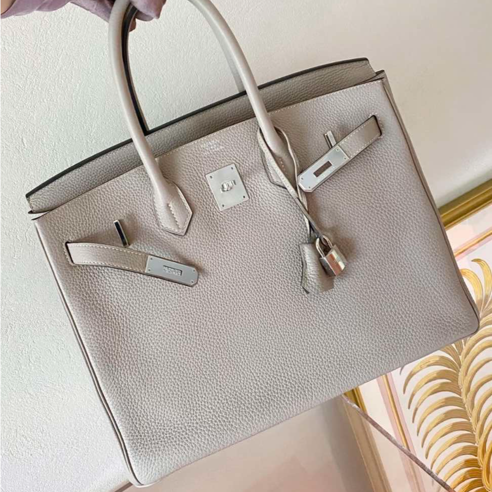 99新 Hermes/爱马仕 【小花Han】Birkin 35 斑鸠灰 Tg皮框M银扣包